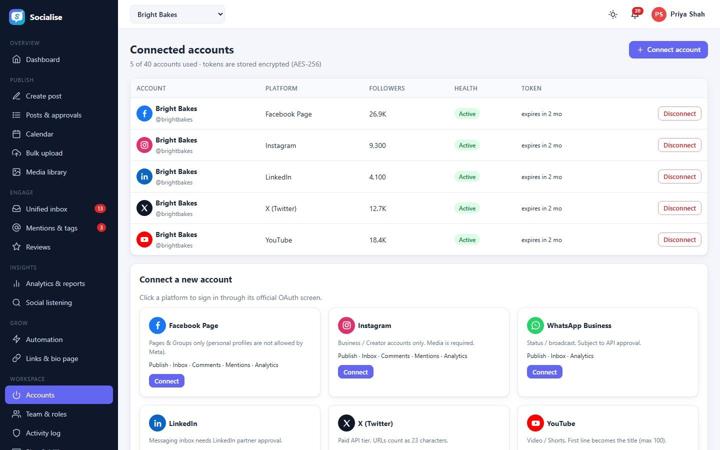 Accounts screen of Socialise