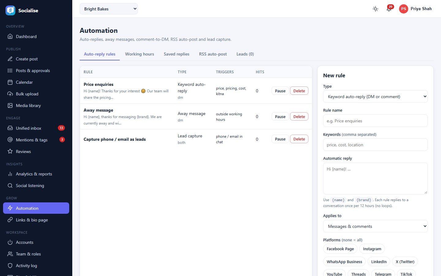 Automation screen of Socialise