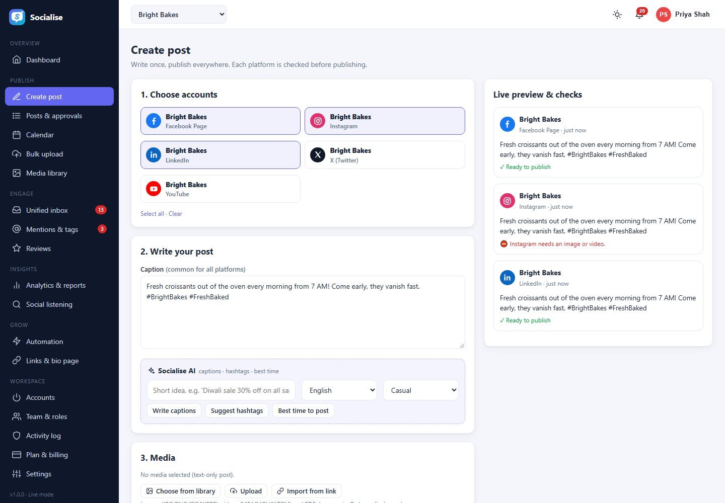 Publish screen of Socialise
