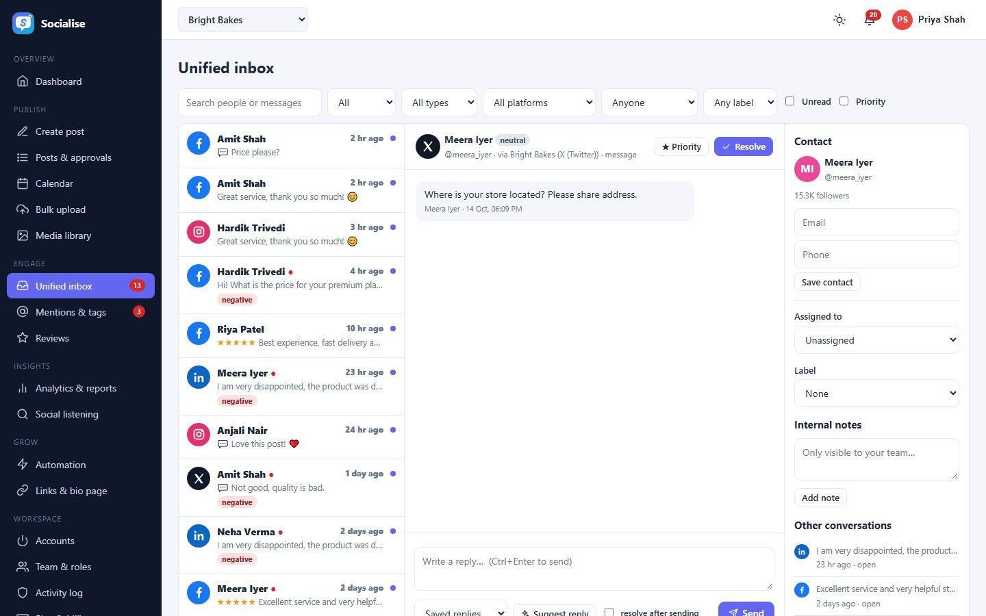 Unified inbox screen of Socialise