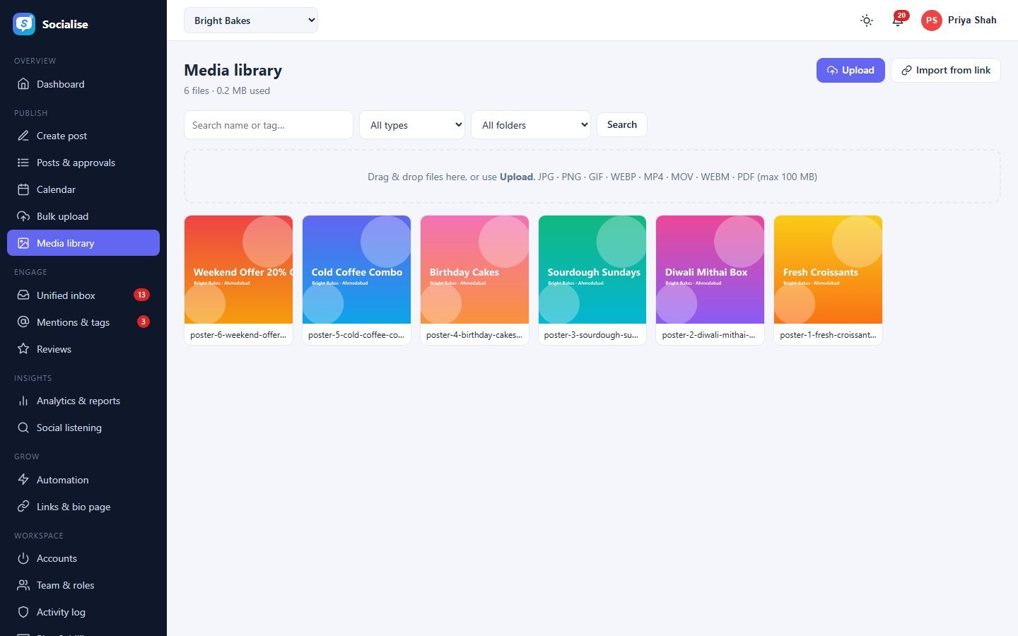 Media library screen of Socialise