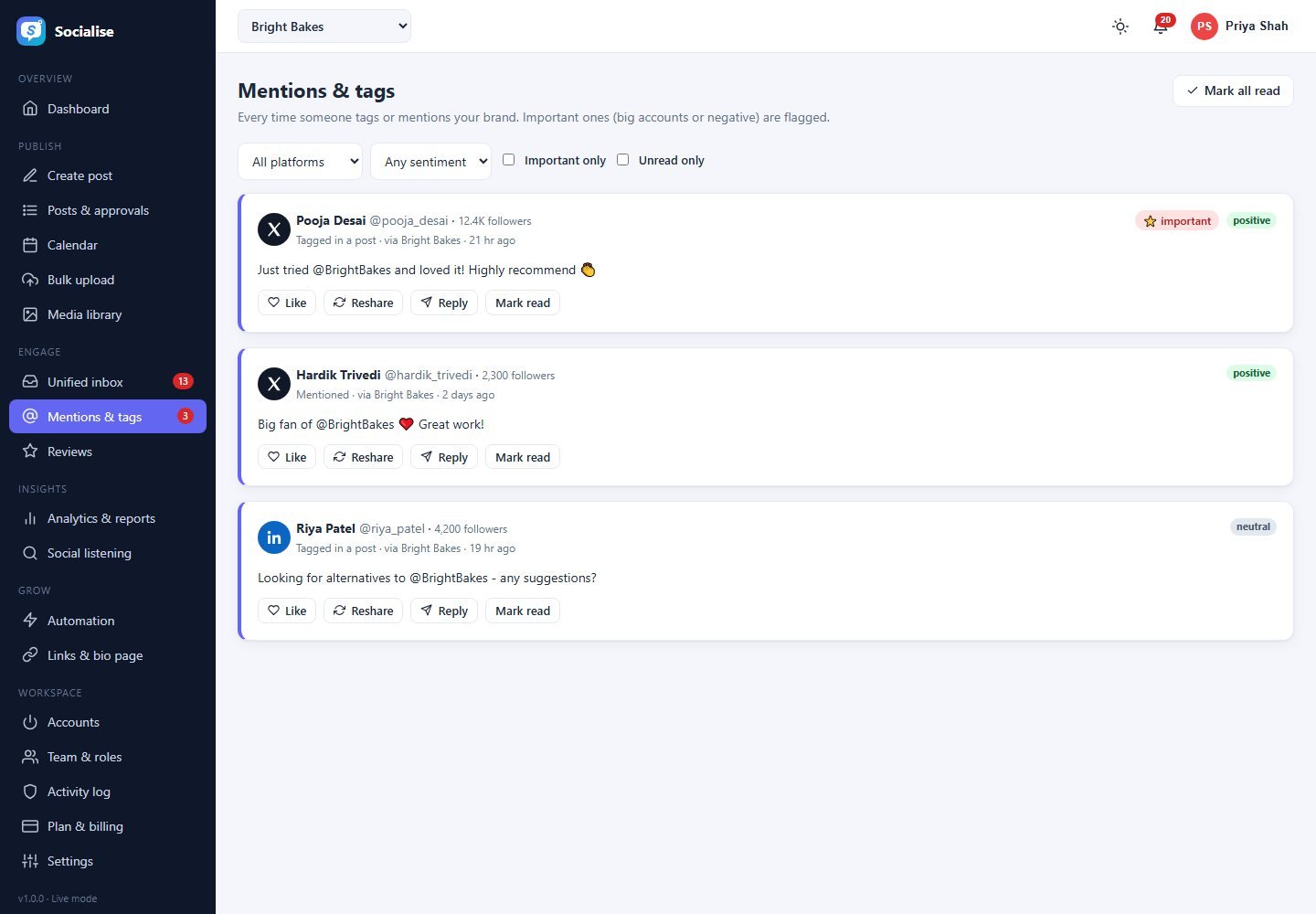 Mentions & tags screen of Socialise