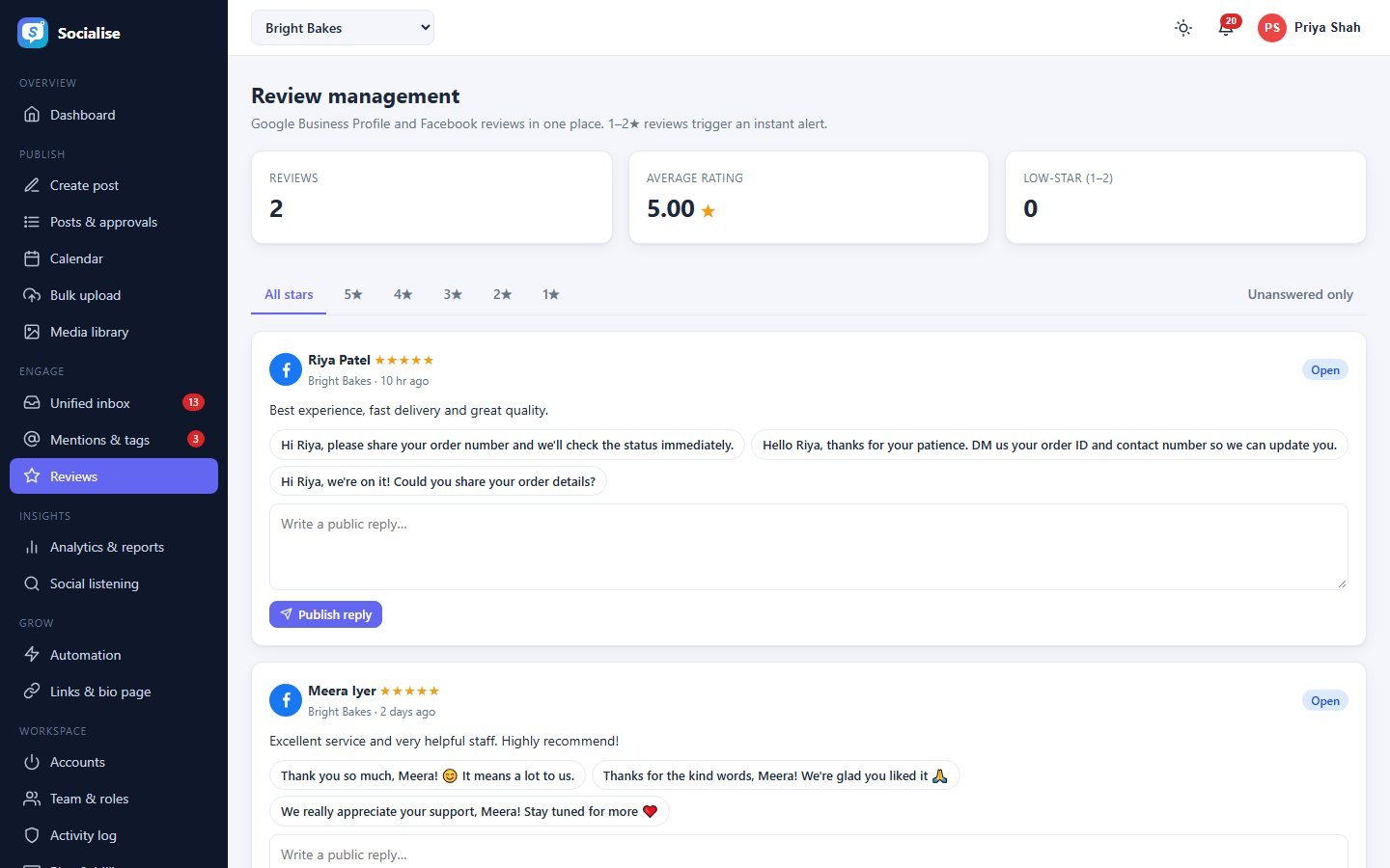Reviews screen of Socialise