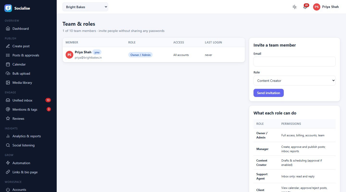 Team & roles screen of Socialise
